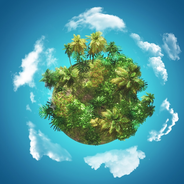 Fondo tropical 3D con guante de palmeras en el cielo azul con nubes circulares