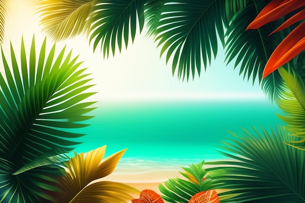 Fondo tropical con una playa tropical y hojas