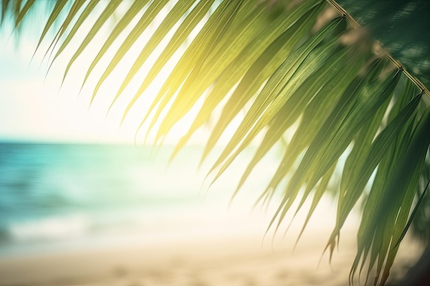 Fondo de verano desenfocado de una playa con hojas de palma en las esquinas para producto o espacio de copia Ai generativo