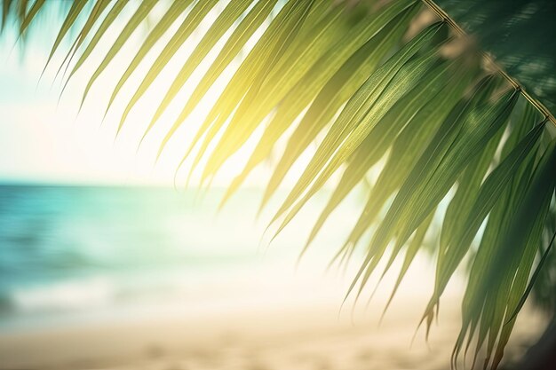 Fondo de verano desenfocado de una playa con hojas de palma en las esquinas para producto o espacio de copia Ai generativo