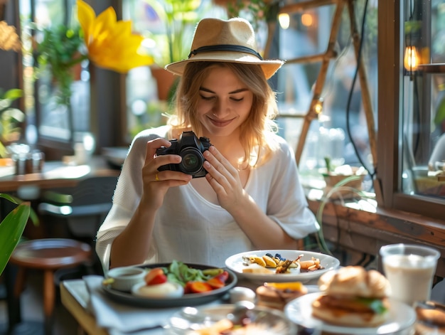 Foto gratuita food content creator filming variety of dishes to upload on the internet