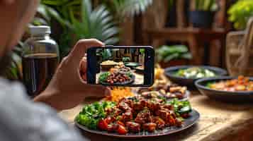 Foto gratuita food content creator filming variety of dishes to upload on the internet