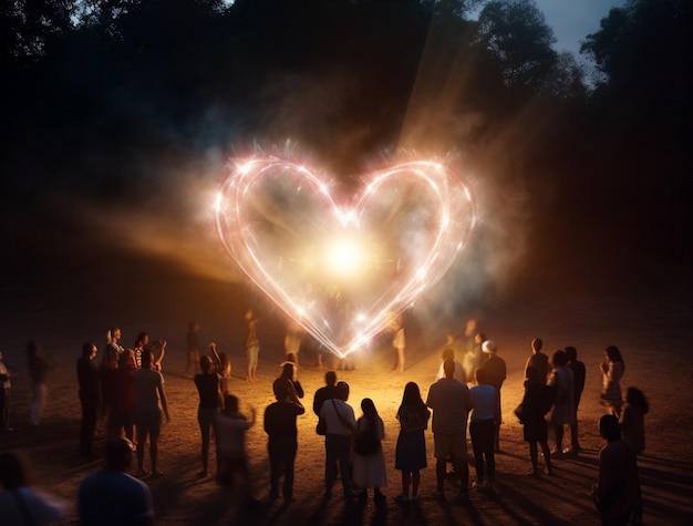 Foto gratuita forma de corazón 3d en el cielo nocturno con personas