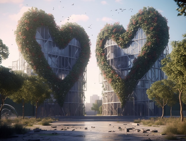 Foto gratuita forma de corazón 3d incorporada en la arquitectura de la ciudad