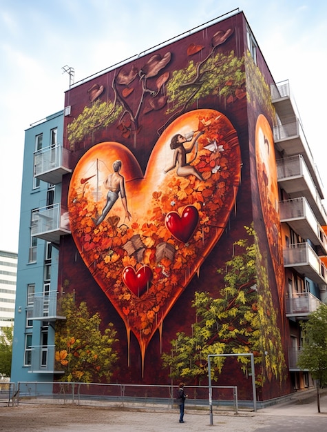 Forma de corazón 3D pintada en el edificio de la ciudad