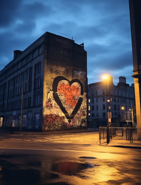 Foto gratuita forma de corazón 3d pintada en el edificio de la ciudad