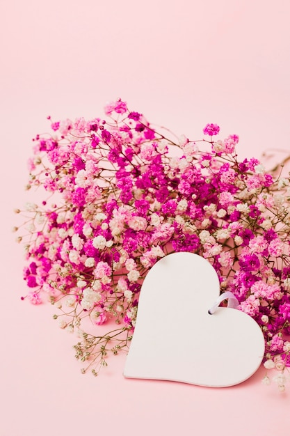 Forma de corazón blanco en blanco con flores de aliento de bebé sobre fondo rosa