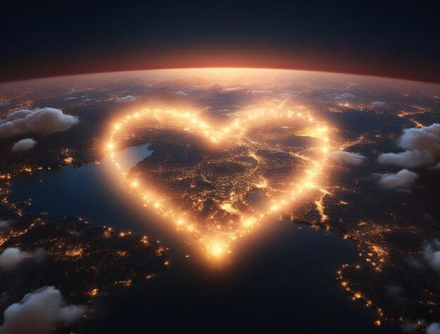 Forma de corazón brillante en 3D en el planeta Tierra
