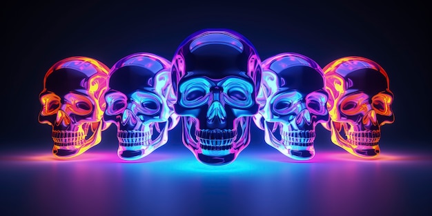 Forma de cráneo 3D que brilla con colores holográficos brillantes