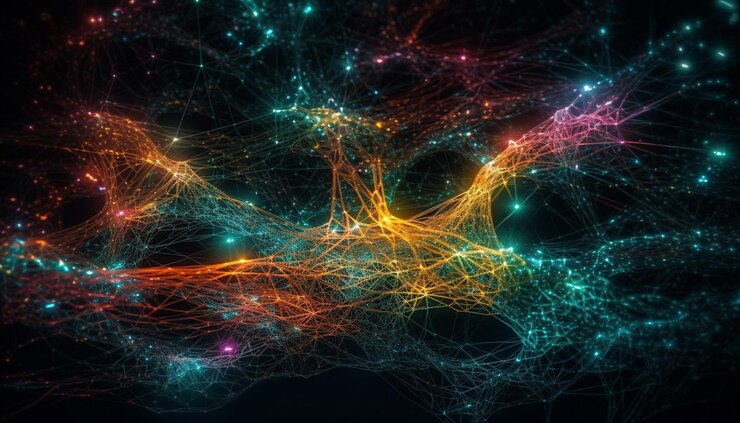 Foto gratuito formas fractales brillantes iluminan el espacio oscuro generado por ia