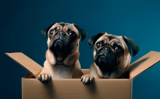 Foto gratuita foto de alta resolución de una pareja de pugs aislados sobre un fondo de gradiente azul