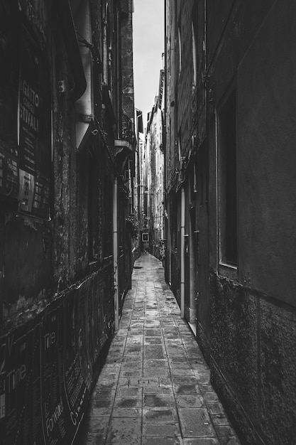 Foto en blanco y negro de un callejón estrecho