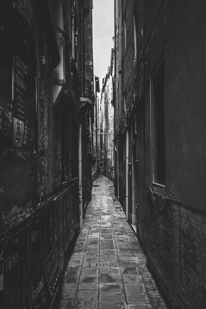 Foto en blanco y negro de un callejón estrecho