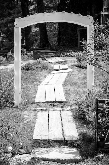 Foto en blanco y negro de un camino de madera a través de un pequeño arco en un bosque