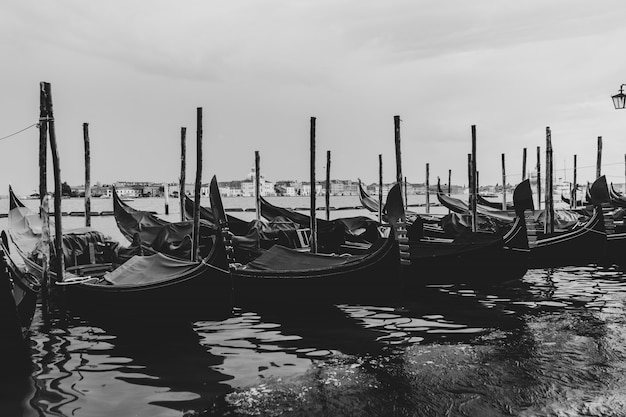 Foto en blanco y negro de góndolas atracadas en el agua