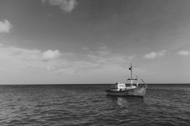 Foto en blanco y negro de un gran barco flotando en mar abierto