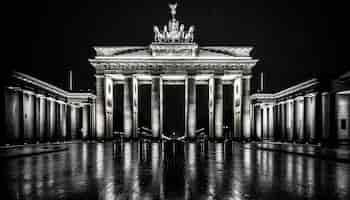 Foto gratuita una foto en blanco y negro de una puerta de brandeburgo en la noche