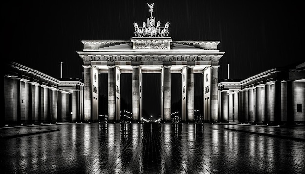 Una foto en blanco y negro de una puerta de brandeburgo en la noche