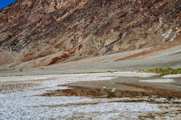 Foto de charco parcialmente seco delante de las estribaciones rocosas