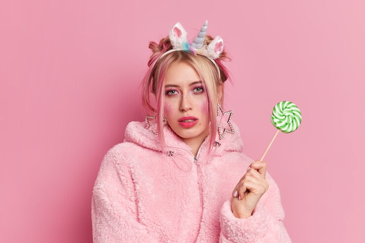 Foto gratuito foto de estudio de mujer europea rubia seria con maquillaje brillante lleva diadema de unicornio y abrigo de piel mira seriamente a la cámara