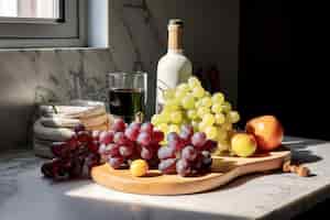 Foto gratuita foto de frutero con uvas y naranjas en la mesa con copa de vino