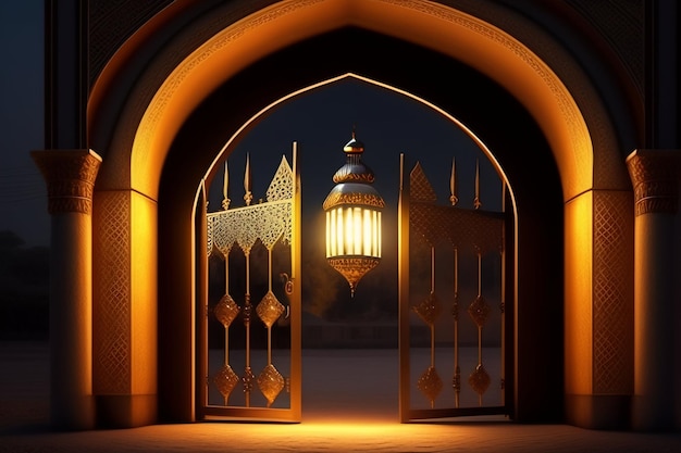 Foto Gratis Ramadan Kareem Eid Mubarak Lámpara elegante real con puerta sagrada de entrada a la mezquita