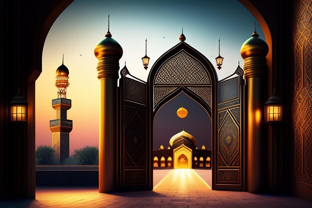 Foto Gratis Ramadan Kareem Eid Mubarak Lámpara elegante real con puerta sagrada de entrada a la mezquita