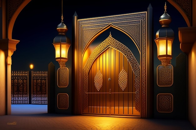 Foto Gratis Ramadan Kareem Eid Mubarak Lámpara elegante real con puerta sagrada de entrada a la mezquita