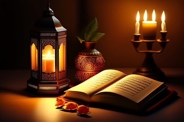 Foto Gratis Ramadan Kareem Eid Mubarak Royal Elegant Lamp con Mosque Holy Gate con fuegos artificiales