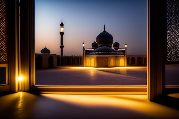 Foto Gratis Ramadan Kareem Eid Mubarak Royal Elegant Lamp con Mosque Holy Gate con fuegos artificiales