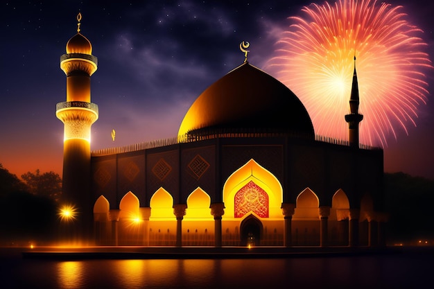 Foto Gratis Ramadan Kareem Eid Mubarak Royal Elegant Lamp con Mosque Holy Gate con fuegos artificiales