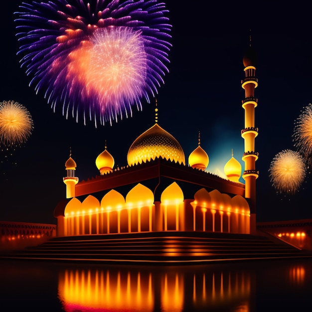 Foto gratuita foto gratis ramadan kareem eid mubarak royal elegant lamp con mosque holy gate con fuegos artificiales