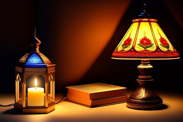 Foto Gratis Ramadan Kareem Eid Mubarak Royal Elegant Lamp con Mosque Holy Gate con fuegos artificiales