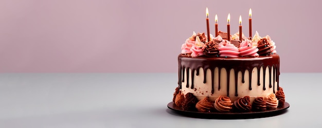 Foto de un hermoso pastel de cumpleaños de chocolate y crema decorado con velas encendidas