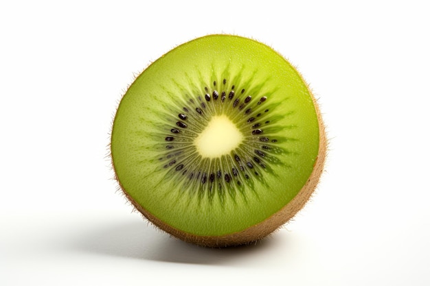 Foto de un kiwi cortado por la mitad sobre un fondo blanco.