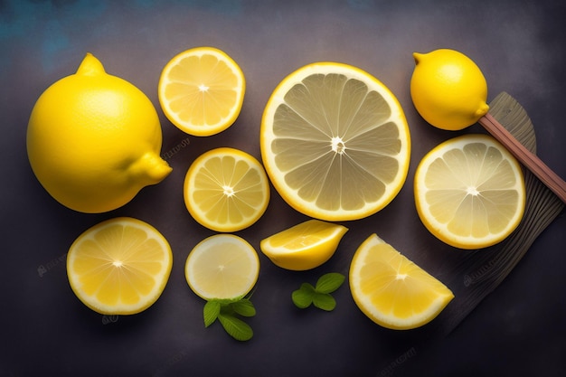 Foto gratuita una foto de limones y limones sobre un fondo oscuro.