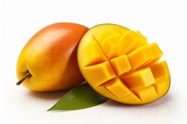 Foto de un mango y la mitad sobre un fondo blanco.