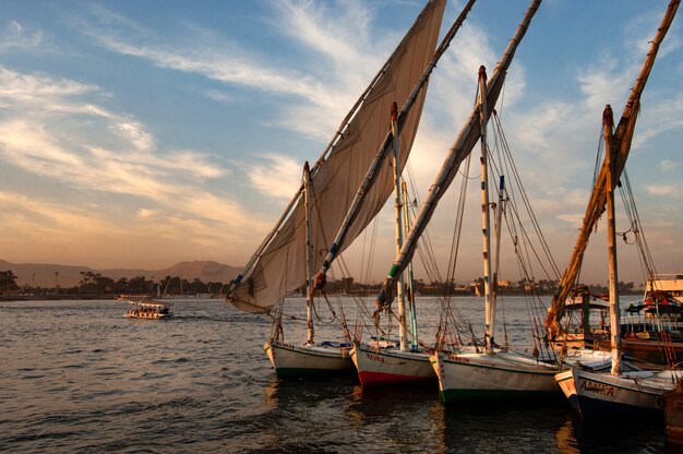 Foto de numerosos barcos atracados por el muelle en línea recta al atardecer