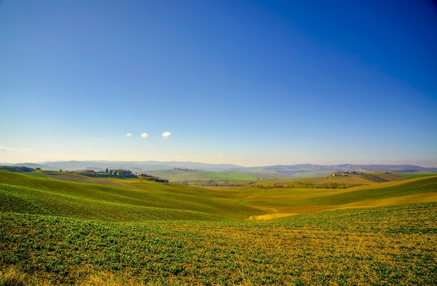 Foto de paisaje de un campo verde brillante y un cielo azul claro