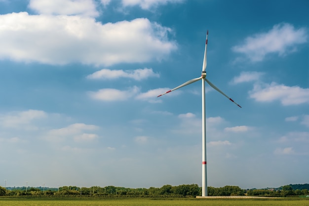 Foto de paisaje de un único molino de viento de un cielo azul claro