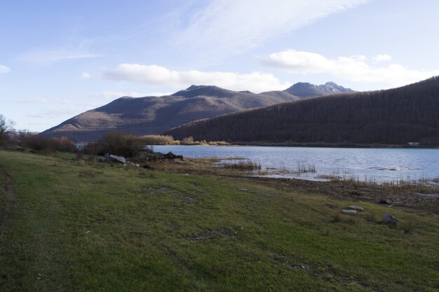 Foto panorámica de una línea costera cubierta de hierba con colinas