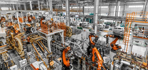 Foto panorámica de la línea de producción de automóviles de soldadura de la carrocería moderna planta de ensamblaje de automóviles