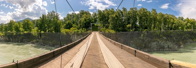 Foto panorámica de una pasarela de dosel sobre un río