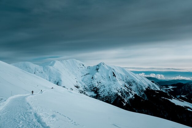Foto panorámica de los picos de las montañas cubiertas de nieve con árboles alpinos bajo un cielo nublado