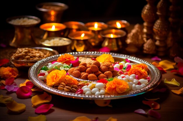 Foto de plato de plata tradicional con comida india para celebrar Diwali