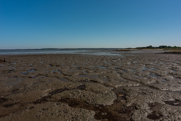 Foto de la playa de arena seca en Cais Palafítico da Carrasqueira, Portugal durante la marea baja.