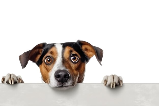 foto realista perro sorprendido mirando desde detrás de una pancarta de marco largo blanco