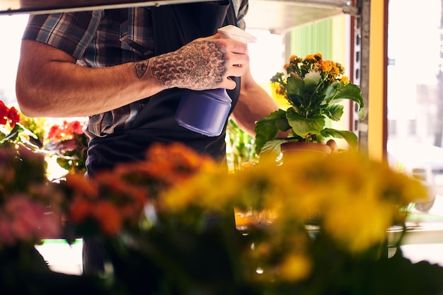 Foto recortada de un florista masculino con uniforme que trabaja en una floristería.