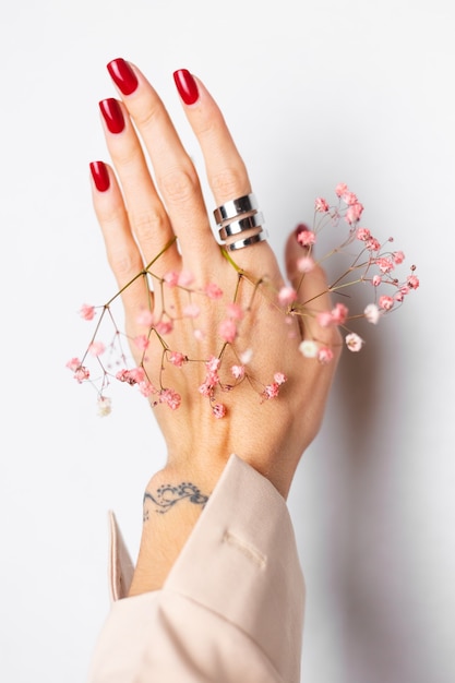 Foto suave suave de la mano de la mujer con gran anillo de manicura roja sostenga lindas flores secas rosa sobre blanco.