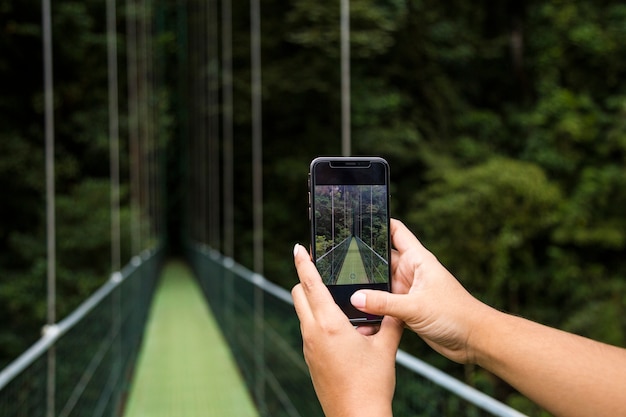 Foto de toma de la mano humana del puente colgante en el teléfono celular en la selva tropical en costa rica